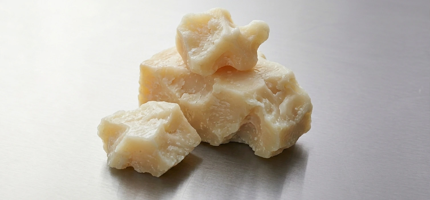 Solid cubic block of pale ivory paraffin slack wax on a dark matte surface with dramatic side lighting