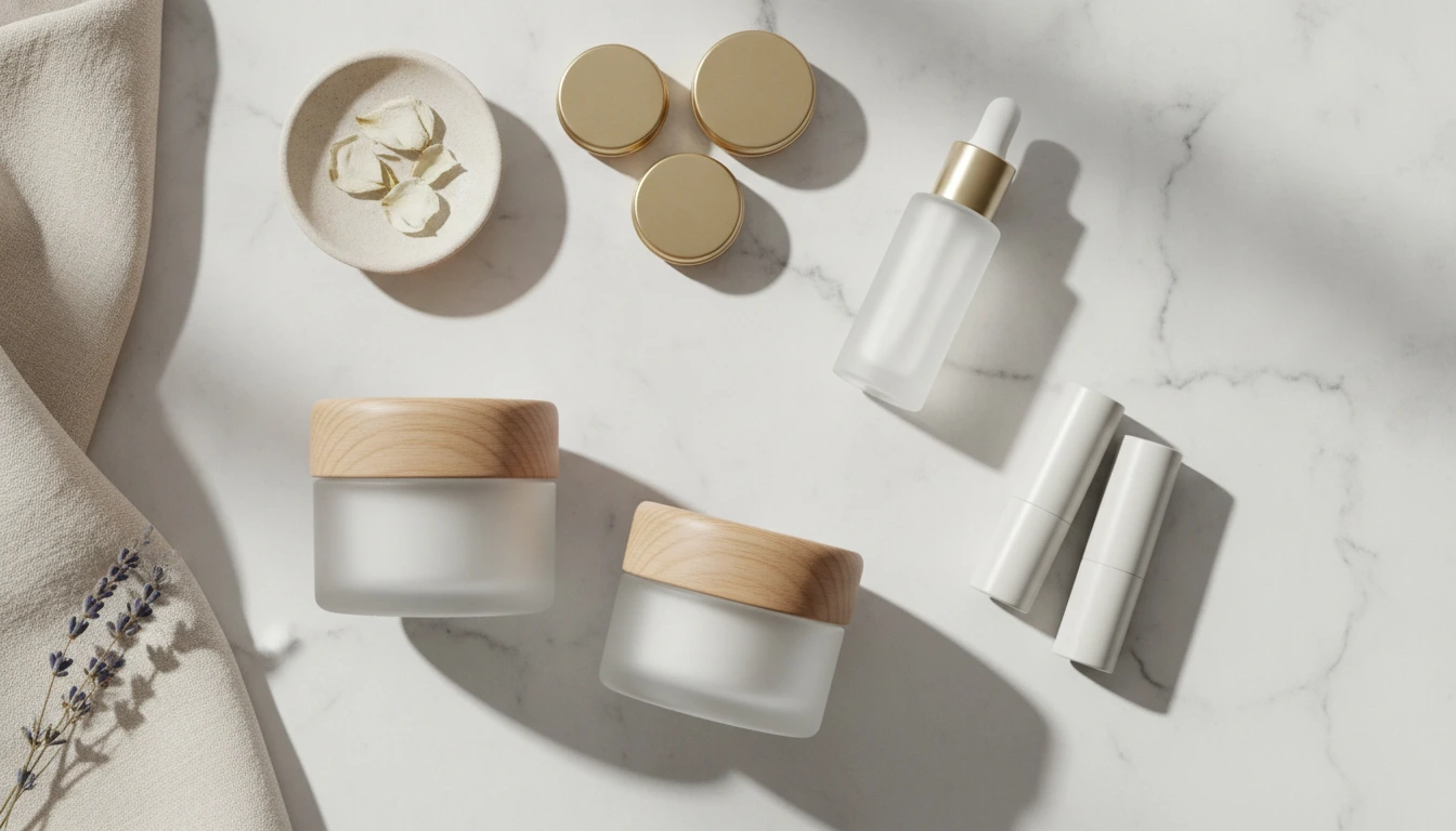 Minimalist white cosmetic jars and cream containers on a dark grey surface