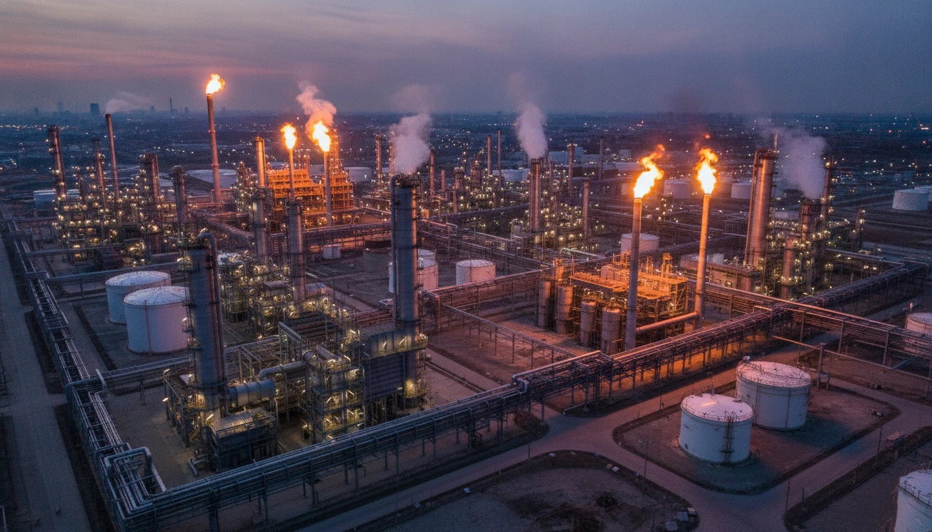 Aerial view of a petrochemical refinery showing distillation columns and industrial infrastructure
