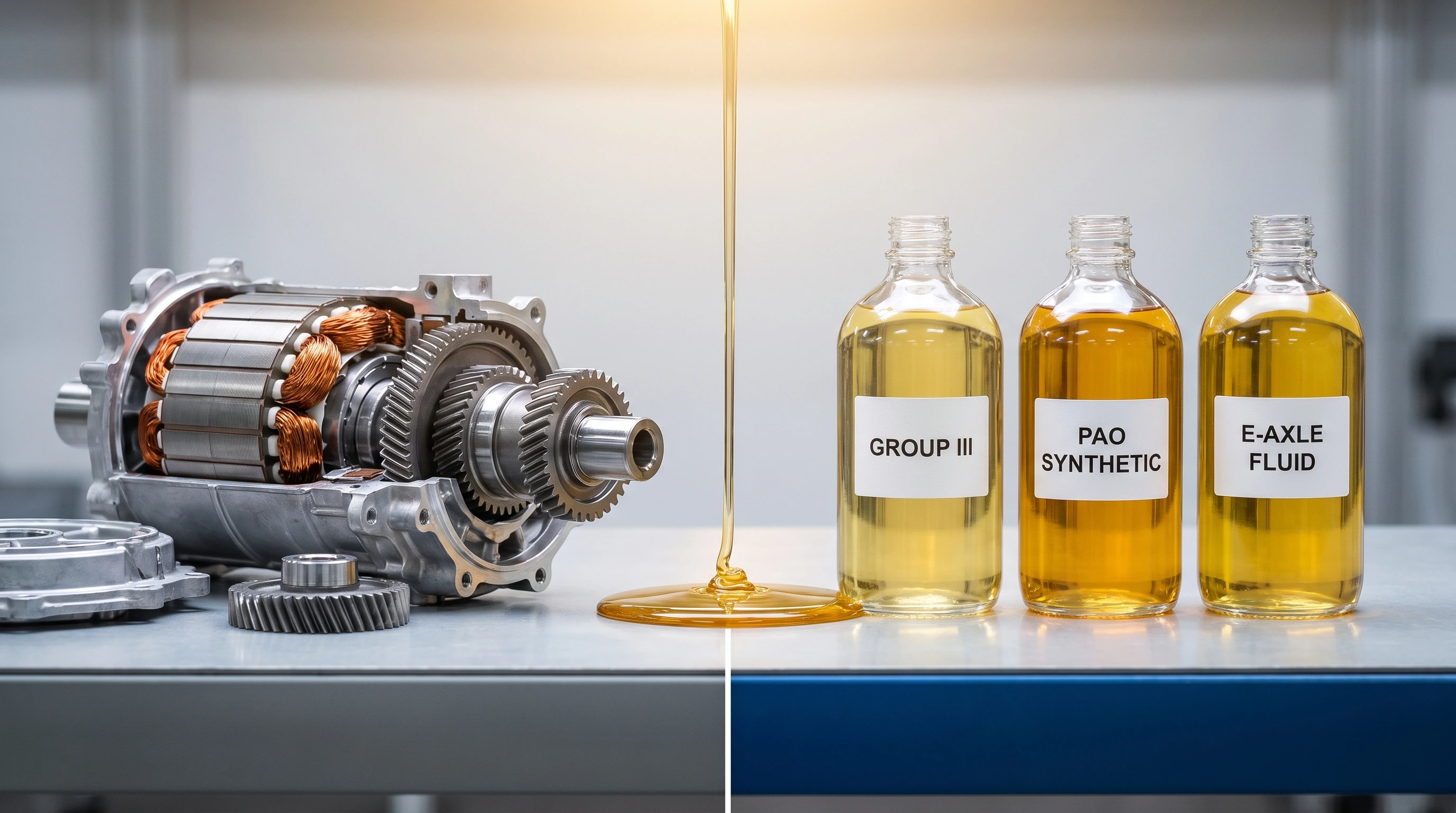 Synthetic lubricant oil bottle with electric vehicle drivetrain in background representing EV lubricants market 2026