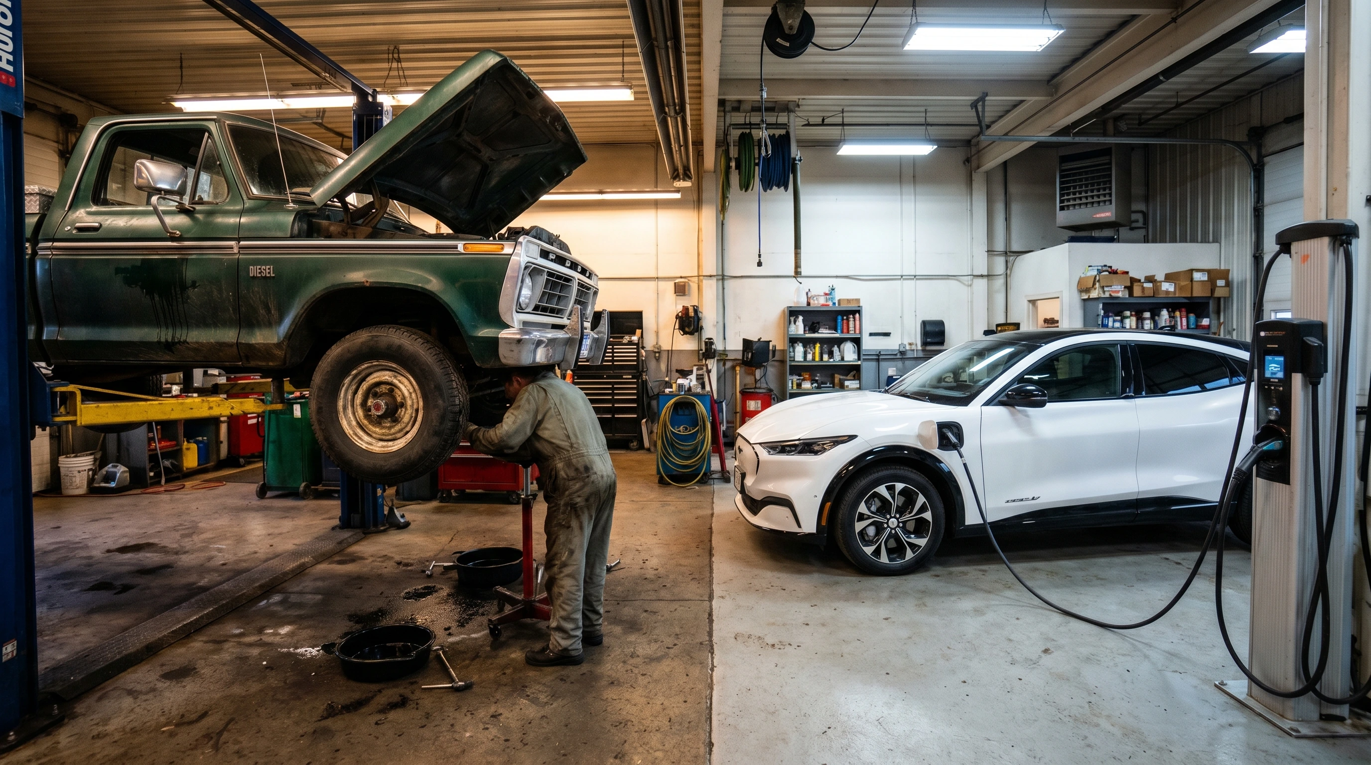 Electric vehicle and combustion engine side by side in service garage showing split lubricant demand market