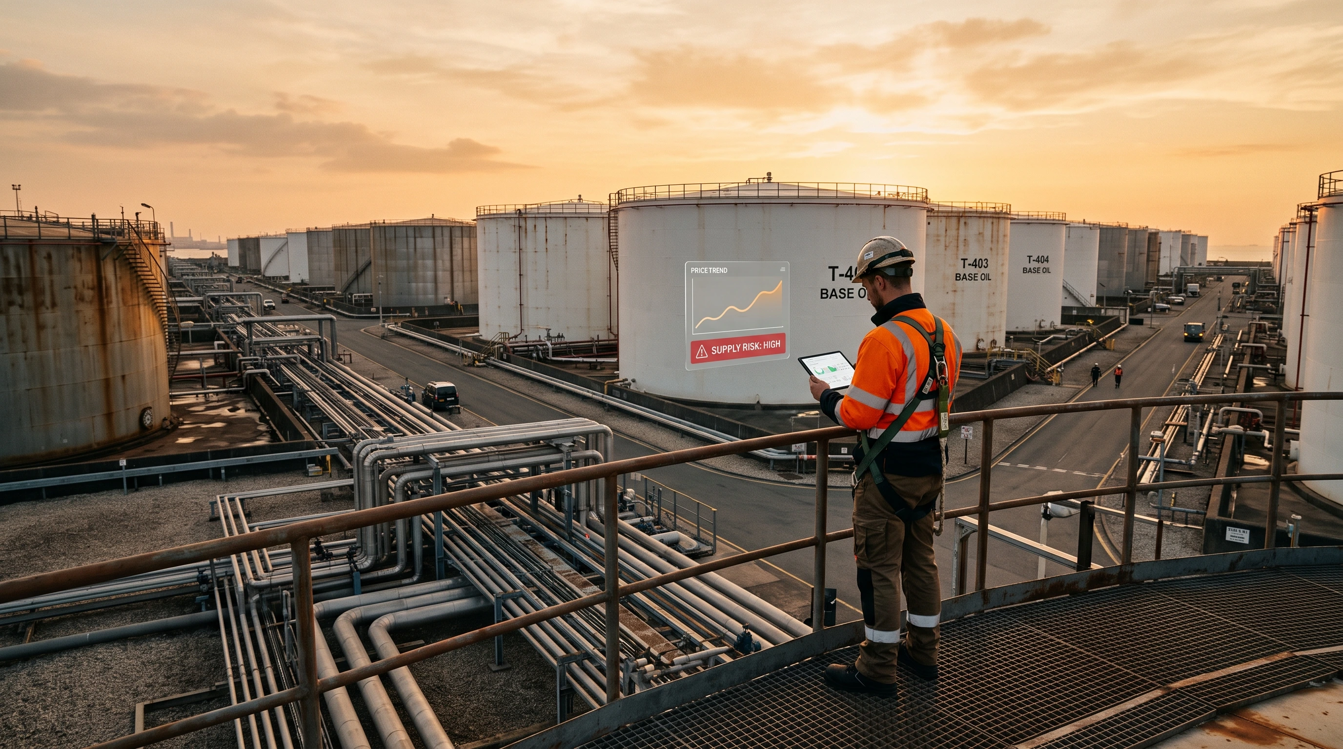 Oil terminal worker at golden hour reviewing an AI analytics dashboard on a tablet beside industrial base oil storage tanks, representing artificial intelligence transforming the lubricant supply chain