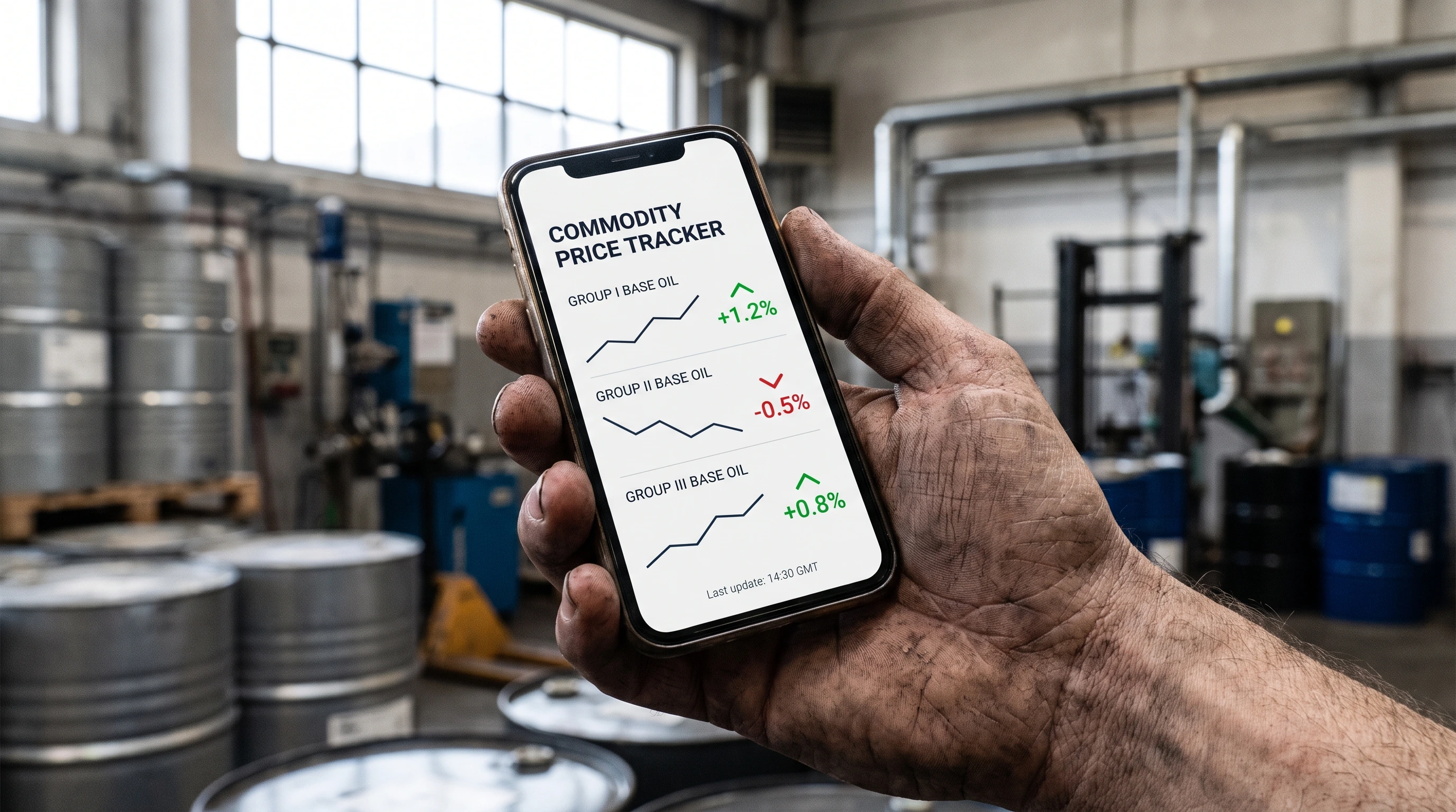 Close-up of a hand holding a smartphone displaying base oil price tracking data on a blending facility floor, representing AI-driven real-time commodity monitoring in the lubricant industry