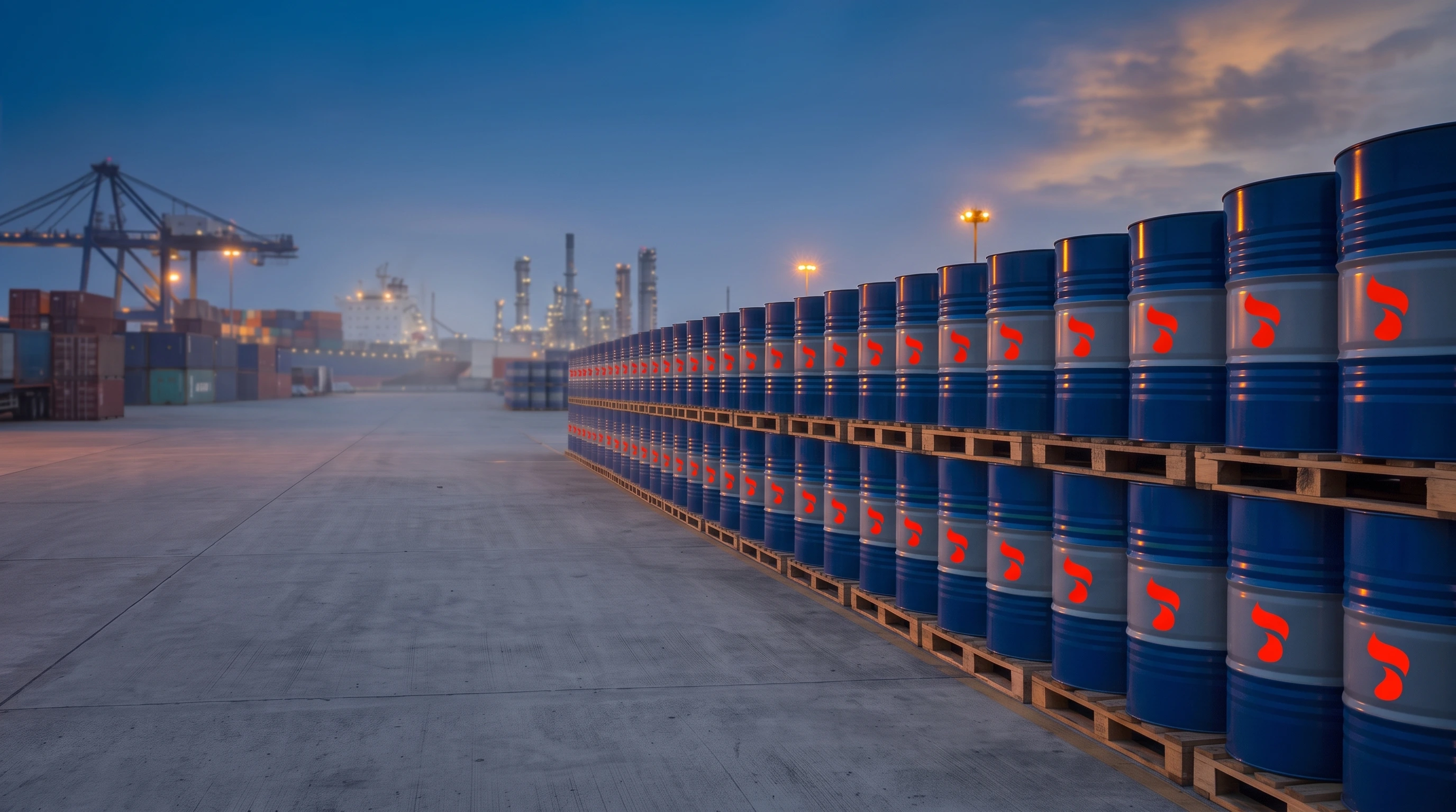 Stacked industrial oil drums in a warehouse representing base oil and lubricant trade