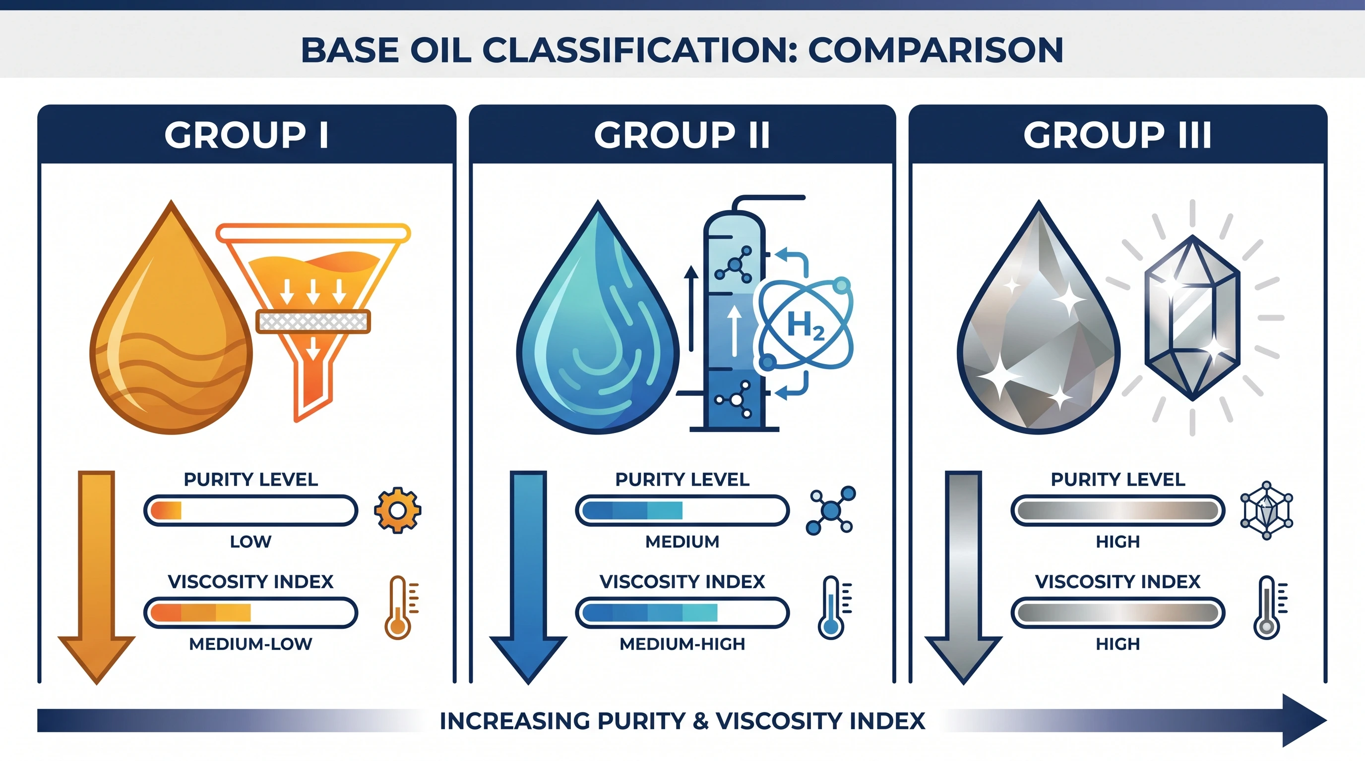 Comparison infographic of API base oil Group I, Group II, and Group III classifications