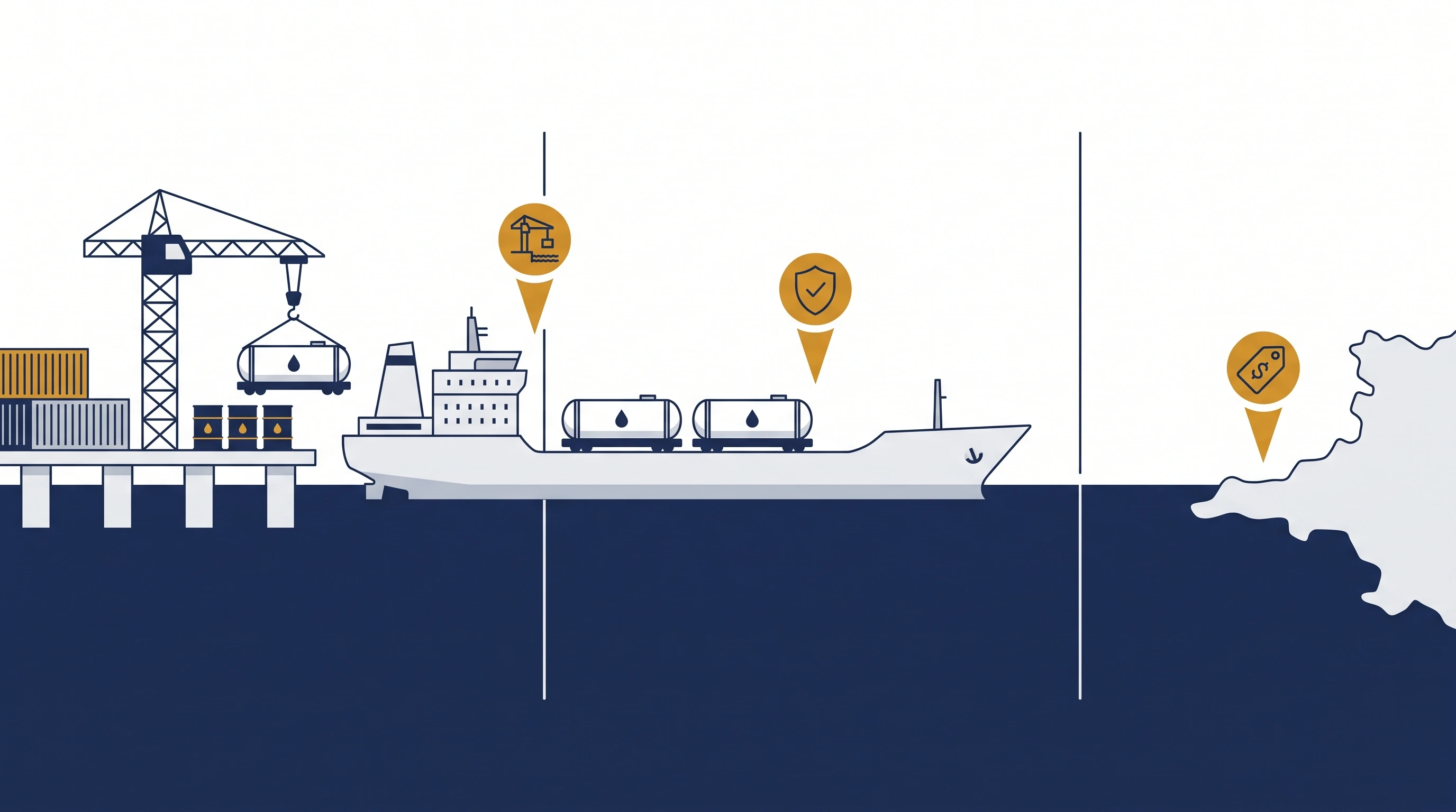 Infographic showing FOB, CFR, and CIF Incoterms responsibility in petroleum shipping