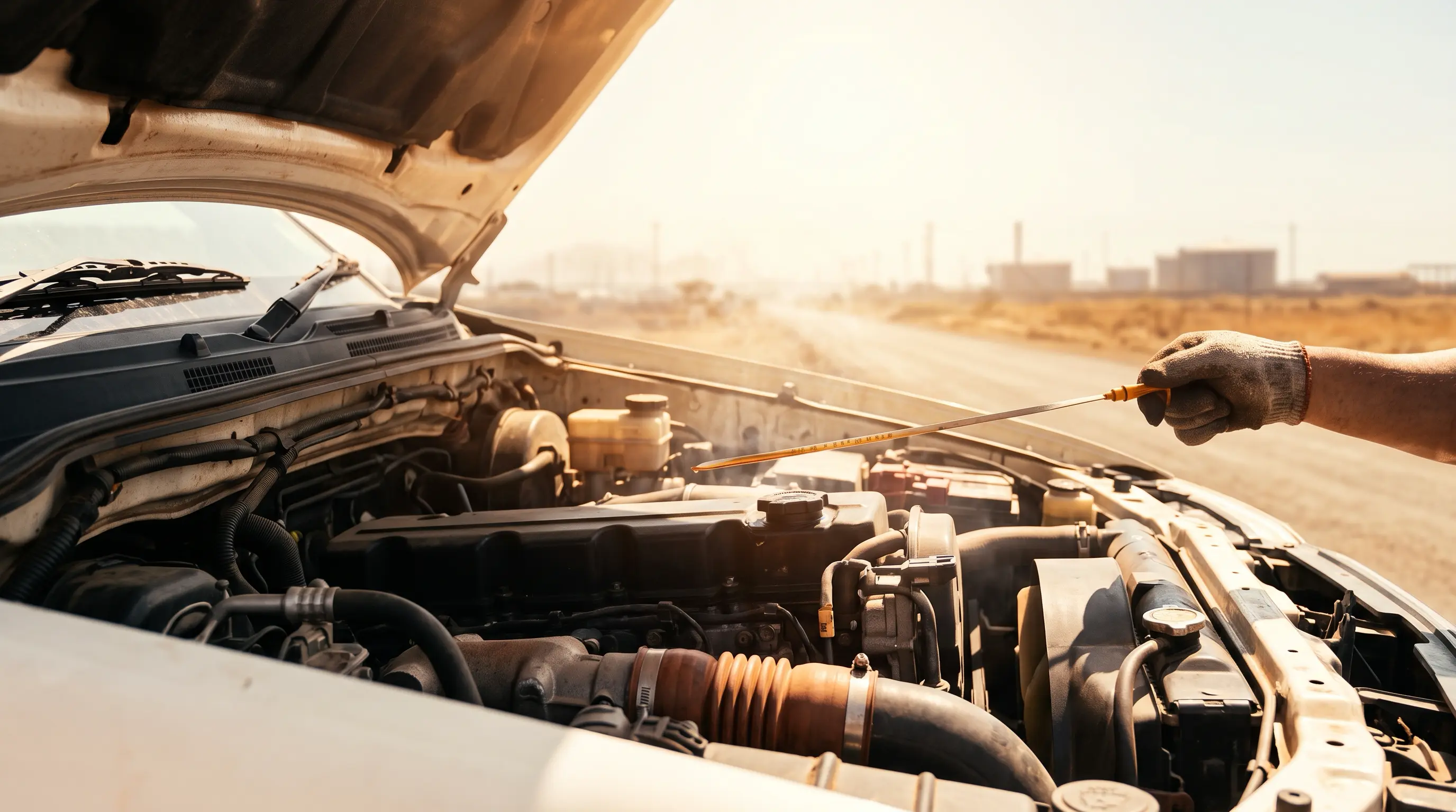 Diesel truck engine bay under intense midday sun with a dipstick showing amber engine oil, representing engine oil performance in extreme heat