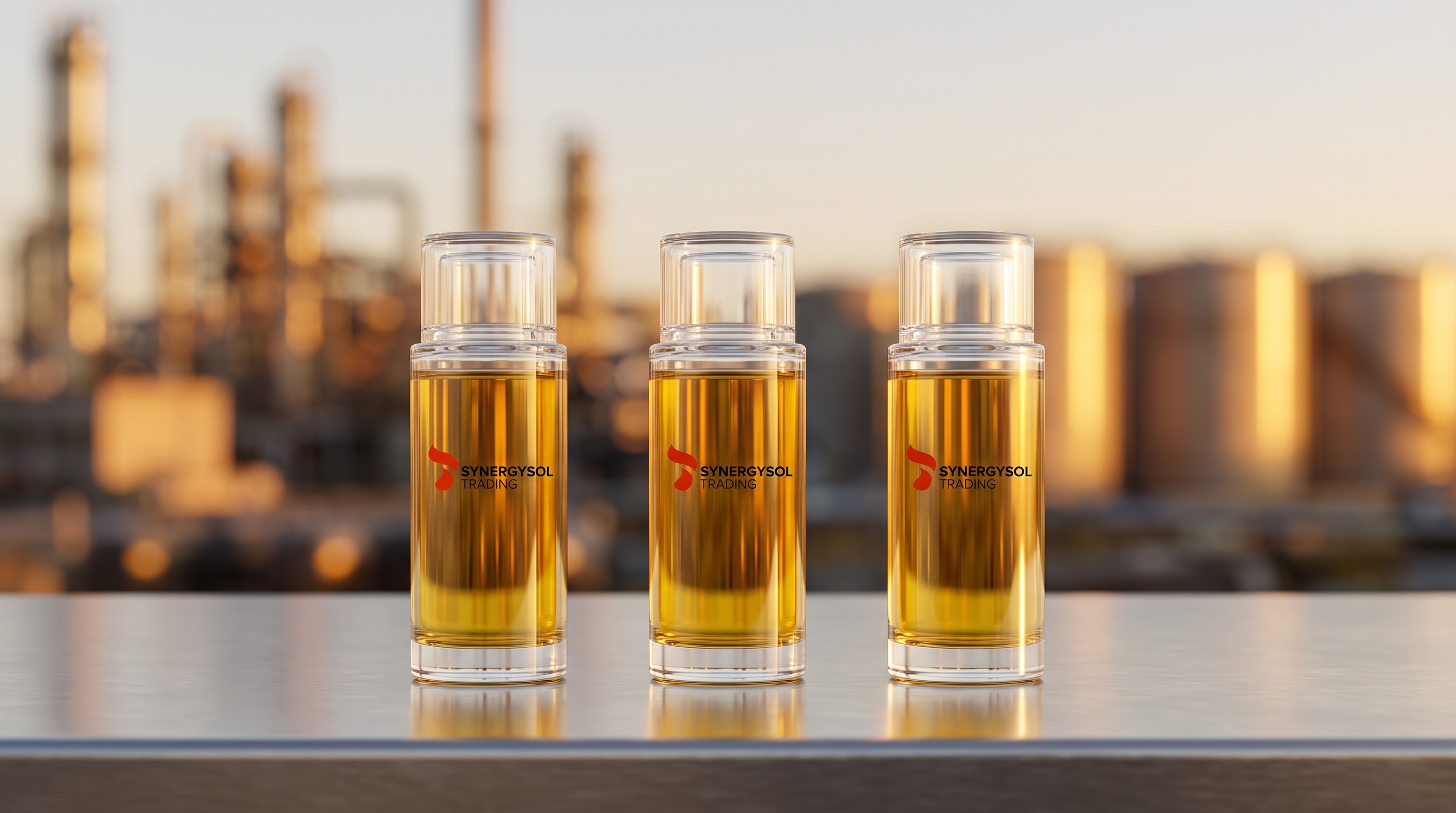 Base oil products displayed on a laboratory bench in front of a refinery at sunset