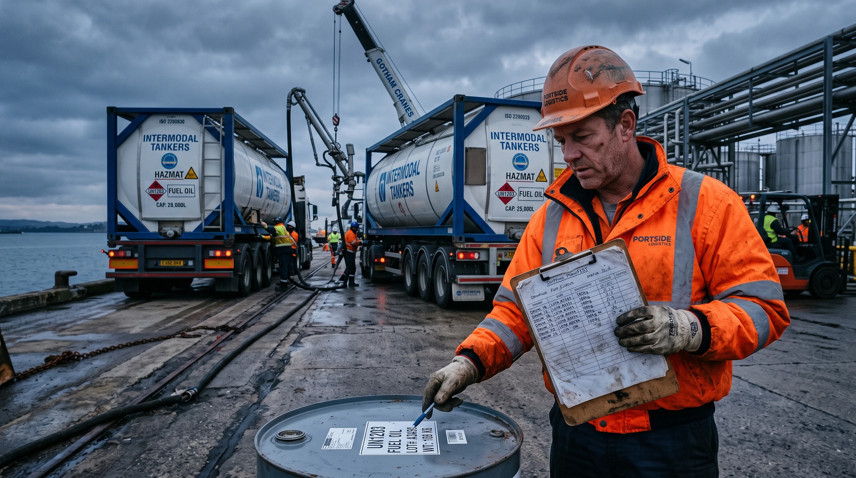 Hand stamping REJECTED on a base oil certificate of analysis at a dockside desk