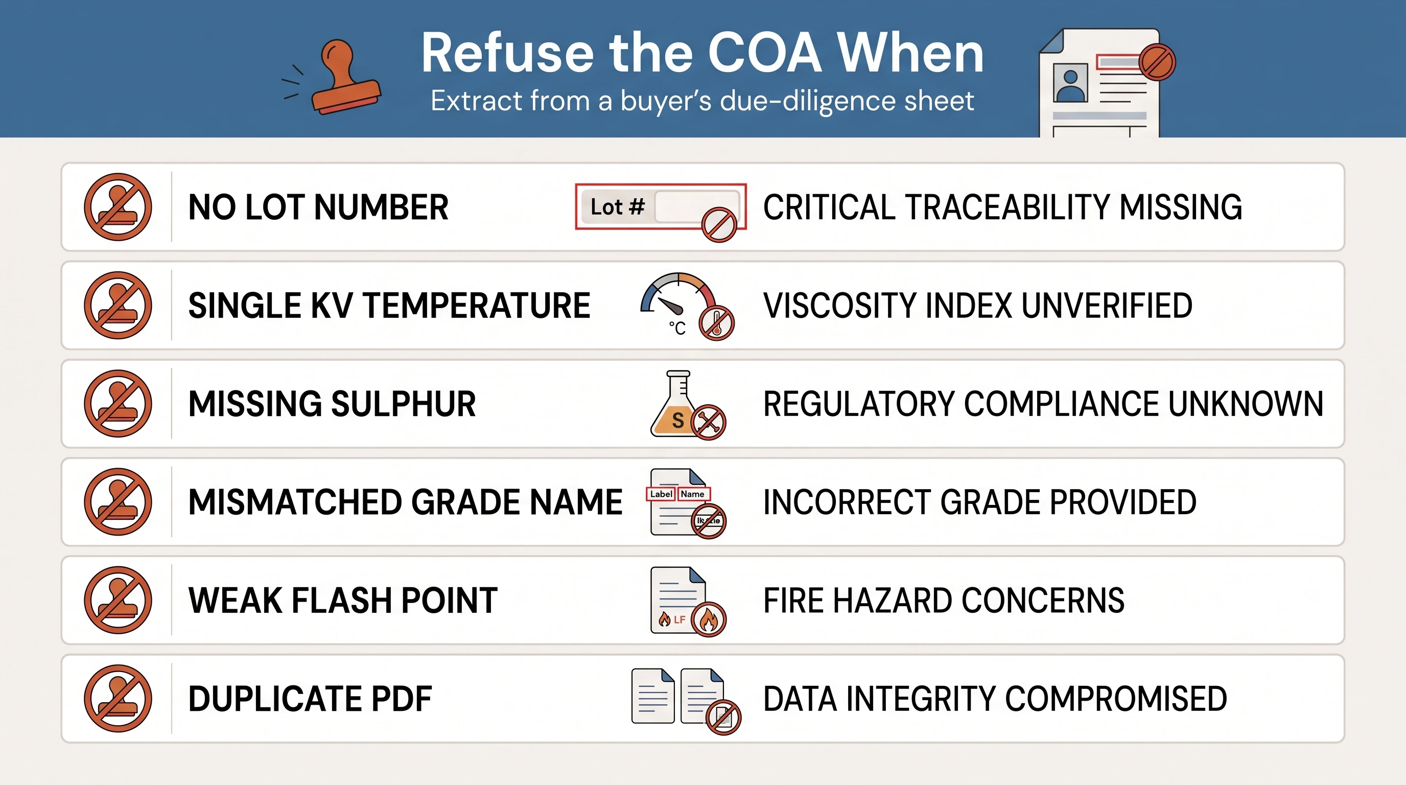 Checklist infographic of reasons to refuse a base oil certificate of analysis