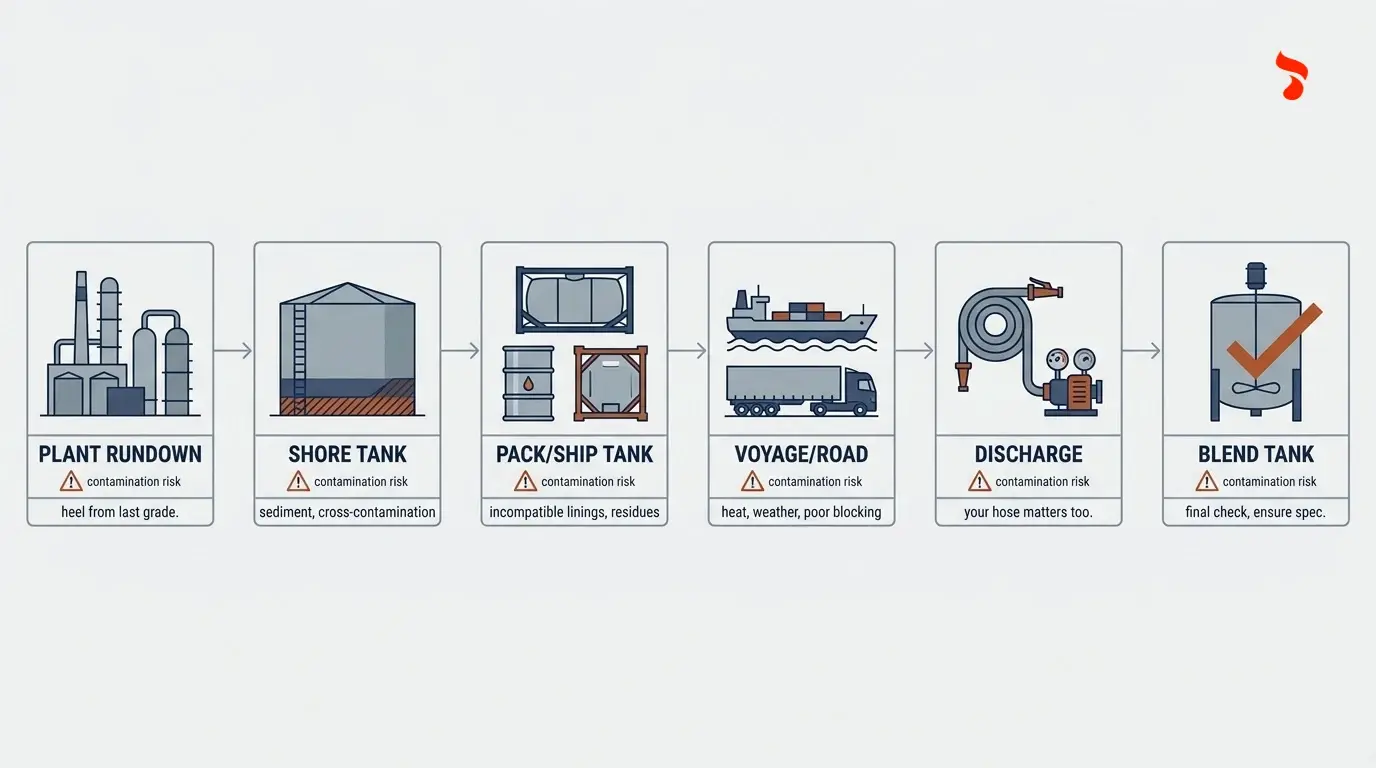 Diagram showing base oil's path from plant rundown through shore tank, packing, voyage, discharge, and blend tank, with contamination risk points marked