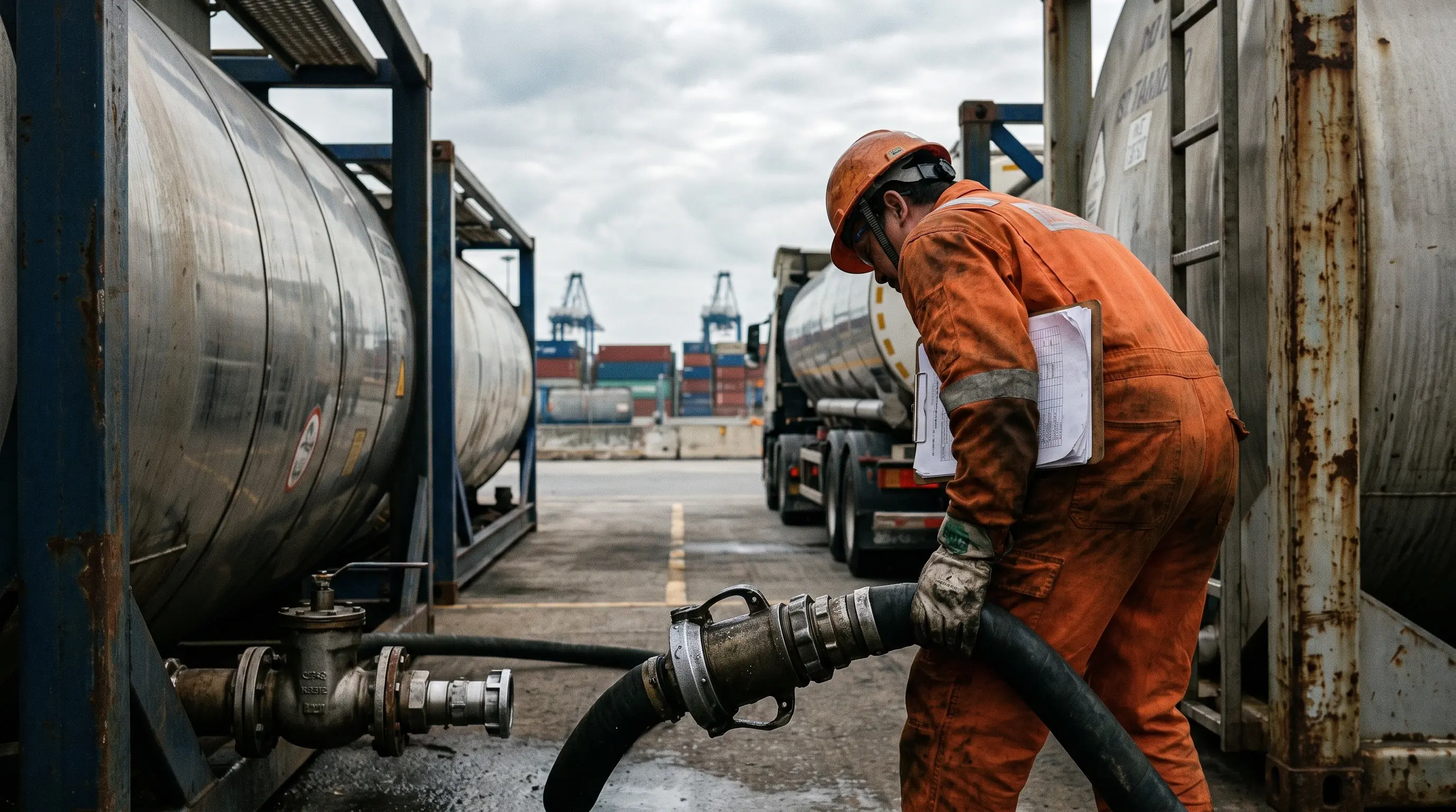 Worker connecting a discharge hose to an ISO tank container at a bulk liquid terminal, base oil transfer in progress