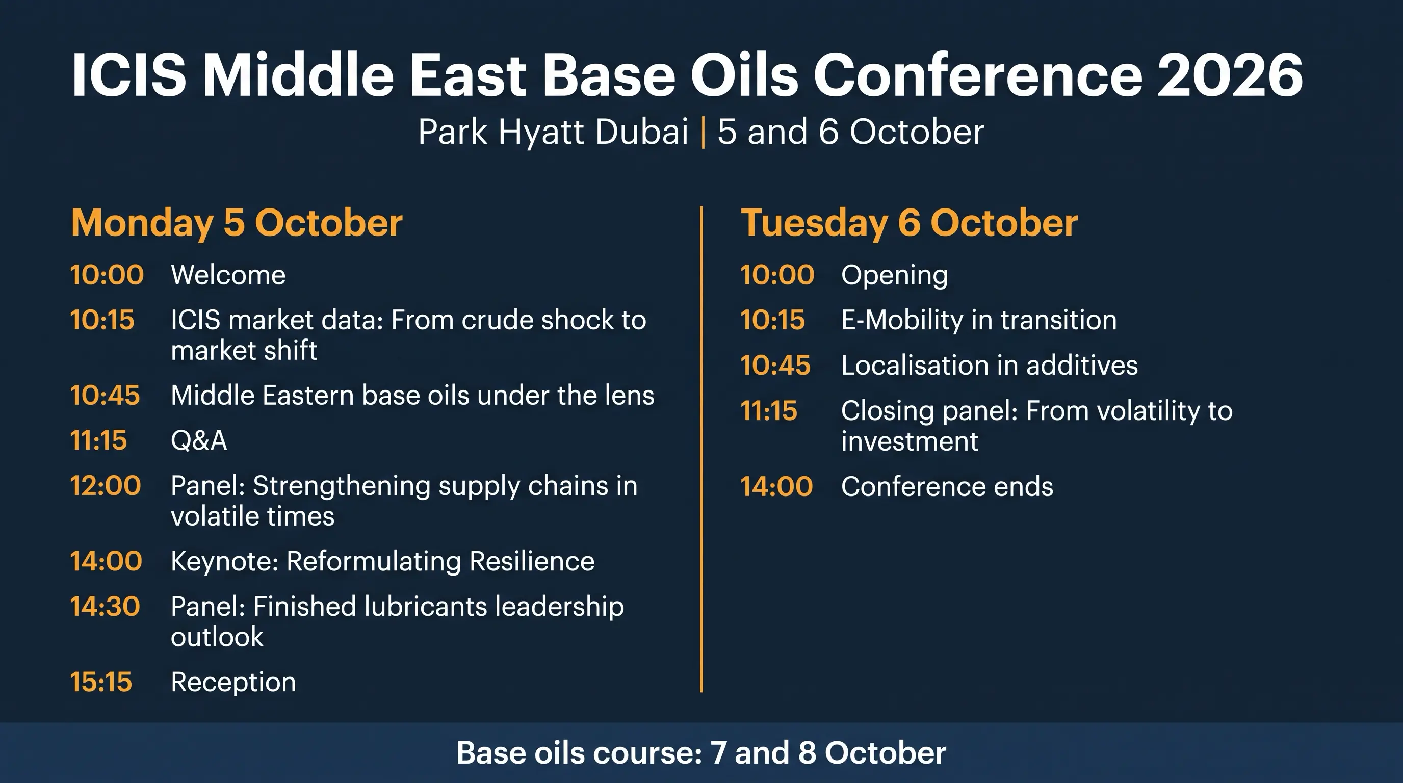 ICIS Middle East Base Oils Conference 2026 timetable for 5 and 6 October at Park Hyatt Dubai