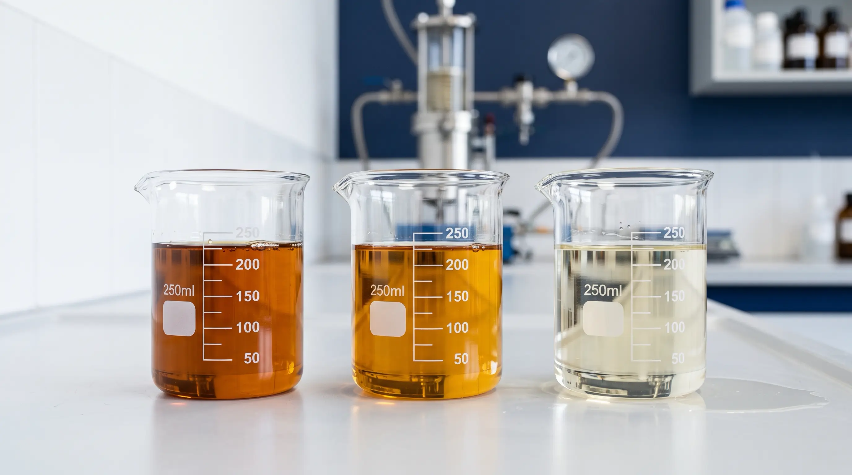 Three beakers showing Group I, II, and III base oils in different shades