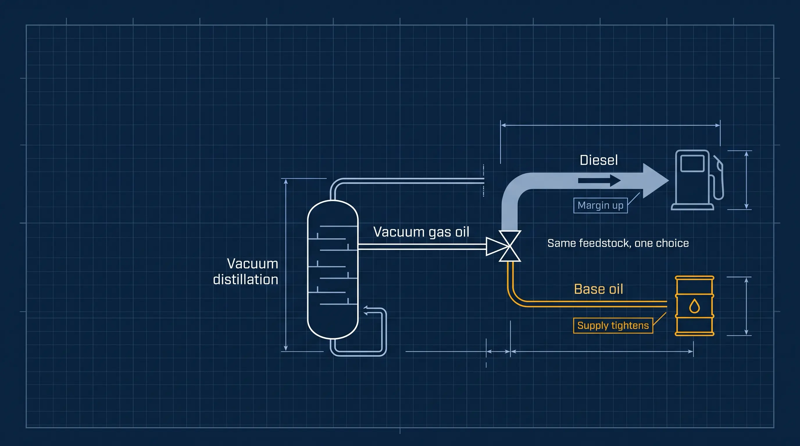 Blueprint-style schematic of vacuum gas oil splitting into diesel and base oil streams