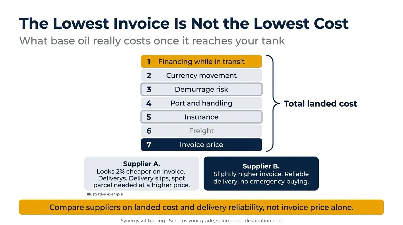 Infographic showing base oil landed cost layers: invoice price, freight, insurance, port fees, demurrage, currency and financing