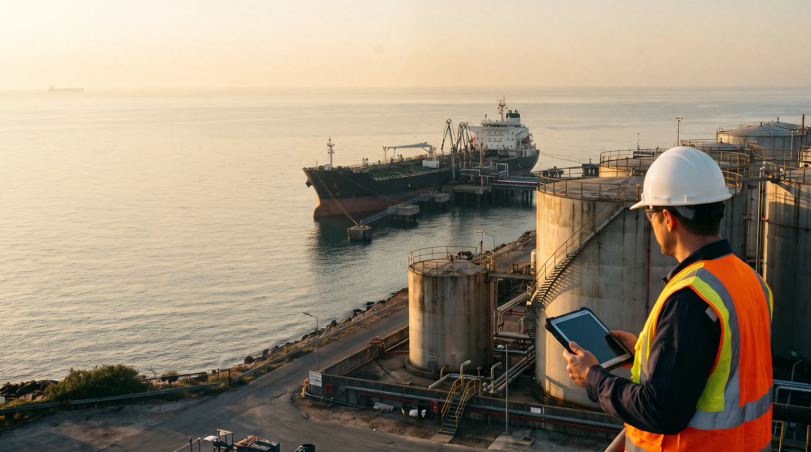 Base oil storage tanks and a tanker vessel at a coastal terminal with a blender reviewing supply on a tablet