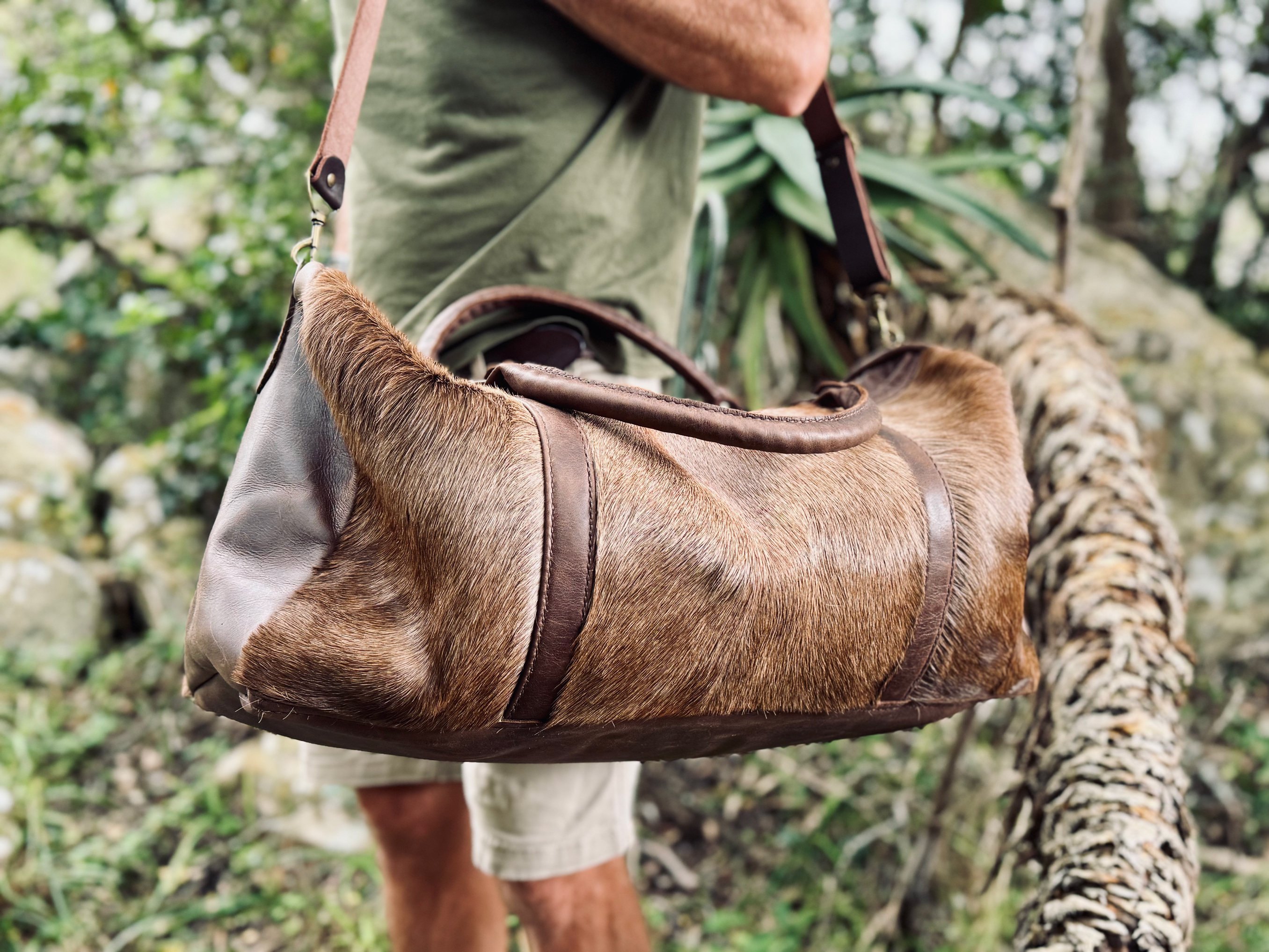 Custom game-hide duffel bag made from a hunter’s own hide