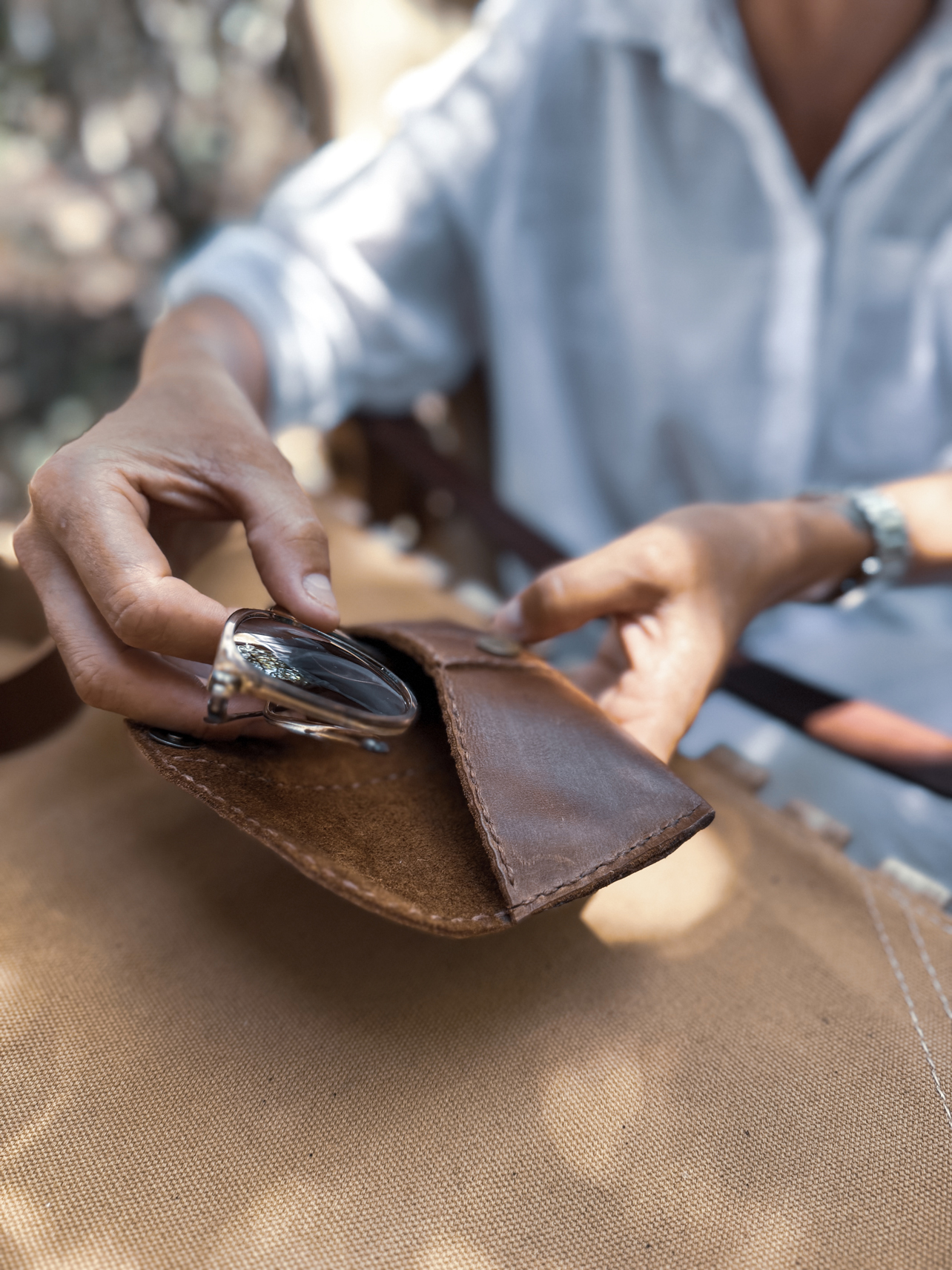 Handmade leather sunglasses pouch by Ray Leather Co.