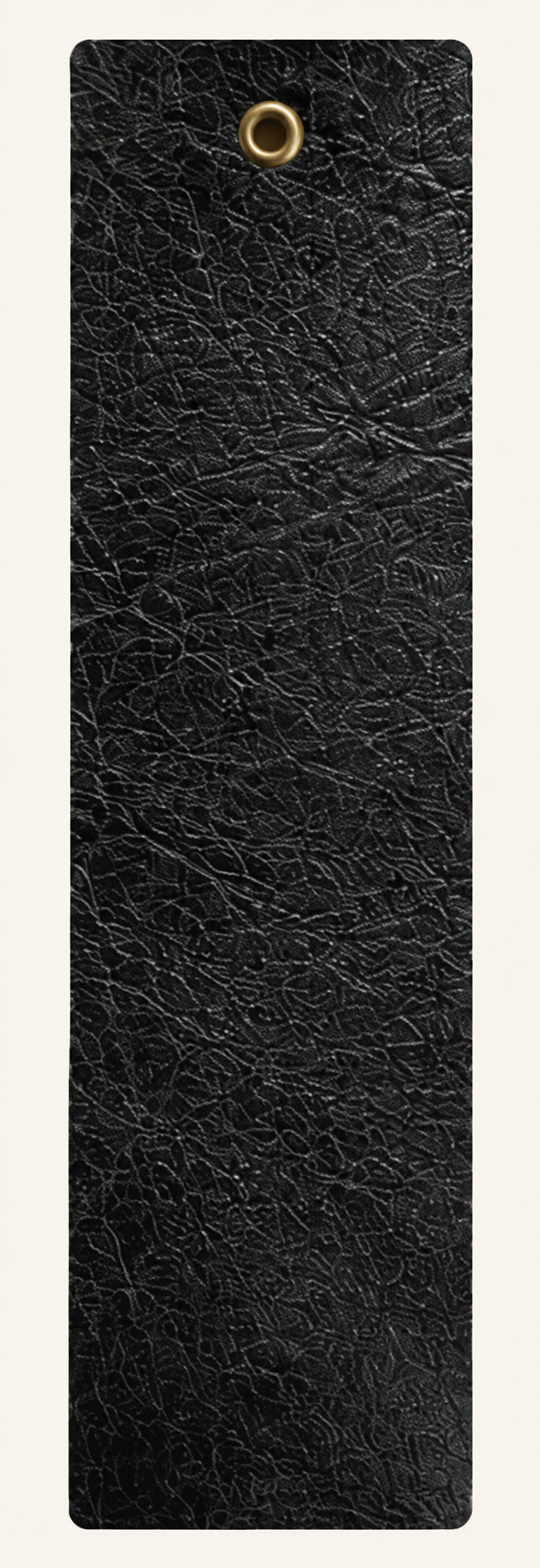 Black full-grain leather swatch with brass eyelet