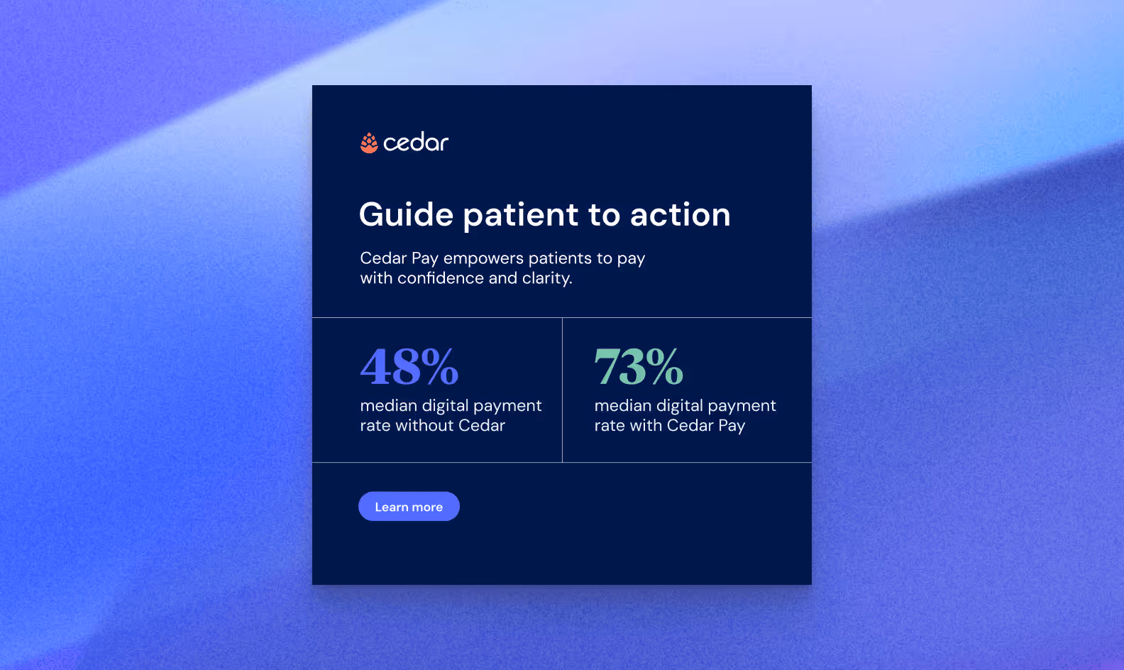 Cedar advertisement showing median digital payment rates: 48% without Cedar and 73% with Cedar Pay, encouraging patients to pay with confidence.