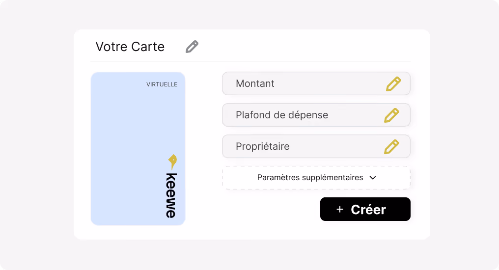 Interface pour créer une carte virtuelle avec champs Montant, Plafond de dépense, Propriétaire et bouton Créer.