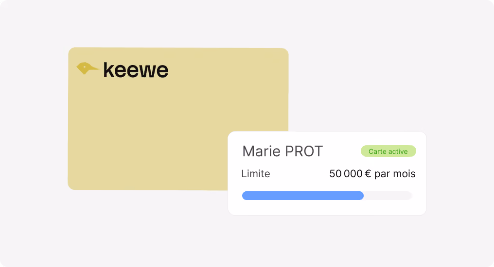 Carte Keewe jaune clair et panneau indiquant limite de 50 000 € par mois pour Marie PROT, carte active.