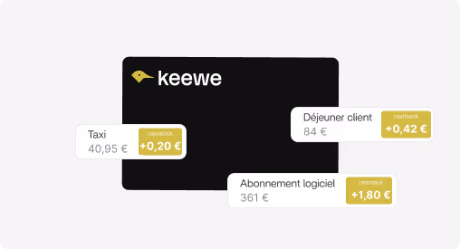 Carte noire keewe avec exemples de cashback en euros pour taxi, déjeuner client, et abonnement logiciel.