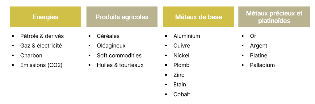 The image displays a comparison of various energy and agricultural products, base metals, precious metals, and other commodities, alongside emission sources such as CO2.Le contenu généré par l’IA peut être incorrect.