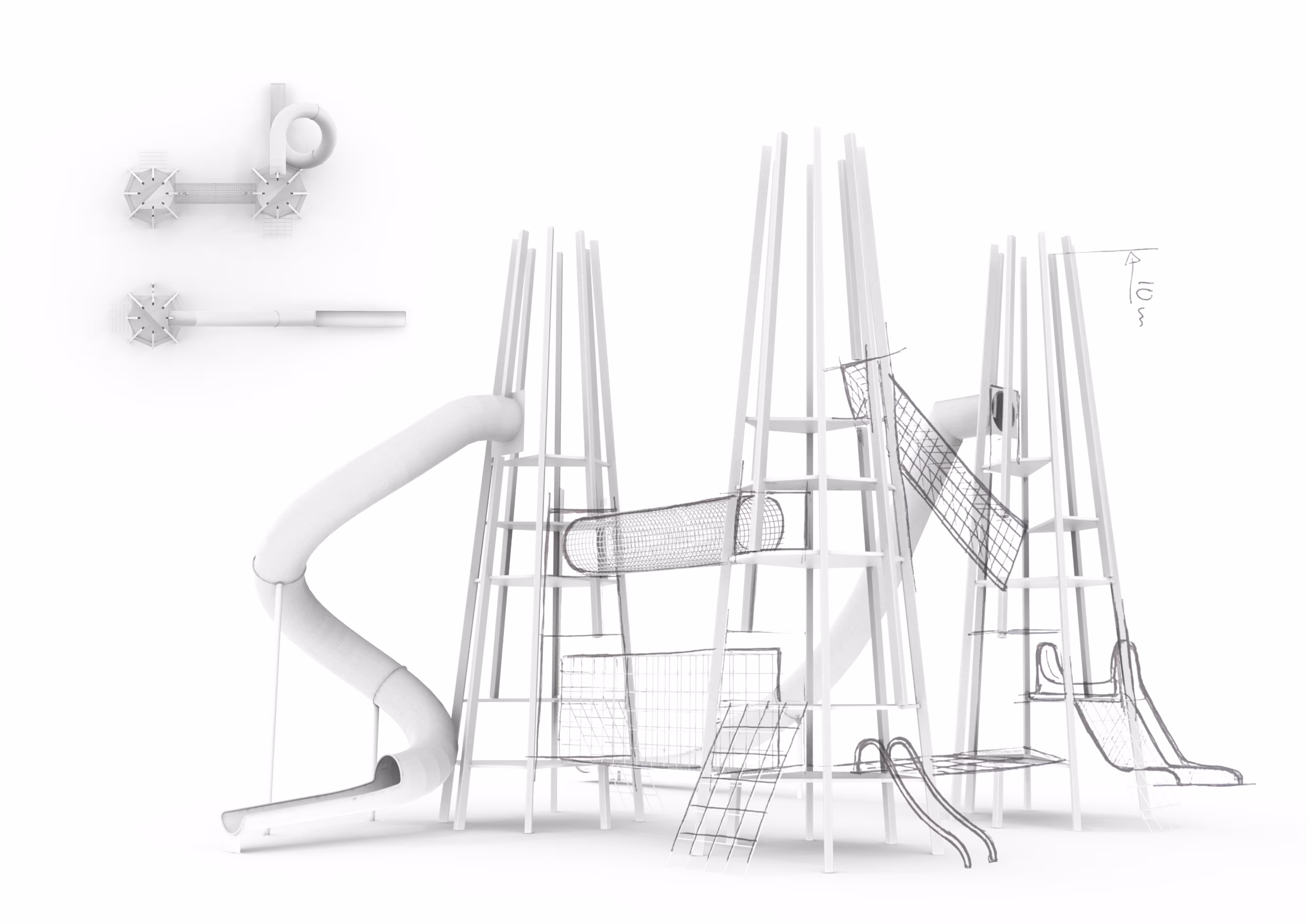 Refined playground development sketches showing improved tower layout and circulation flow