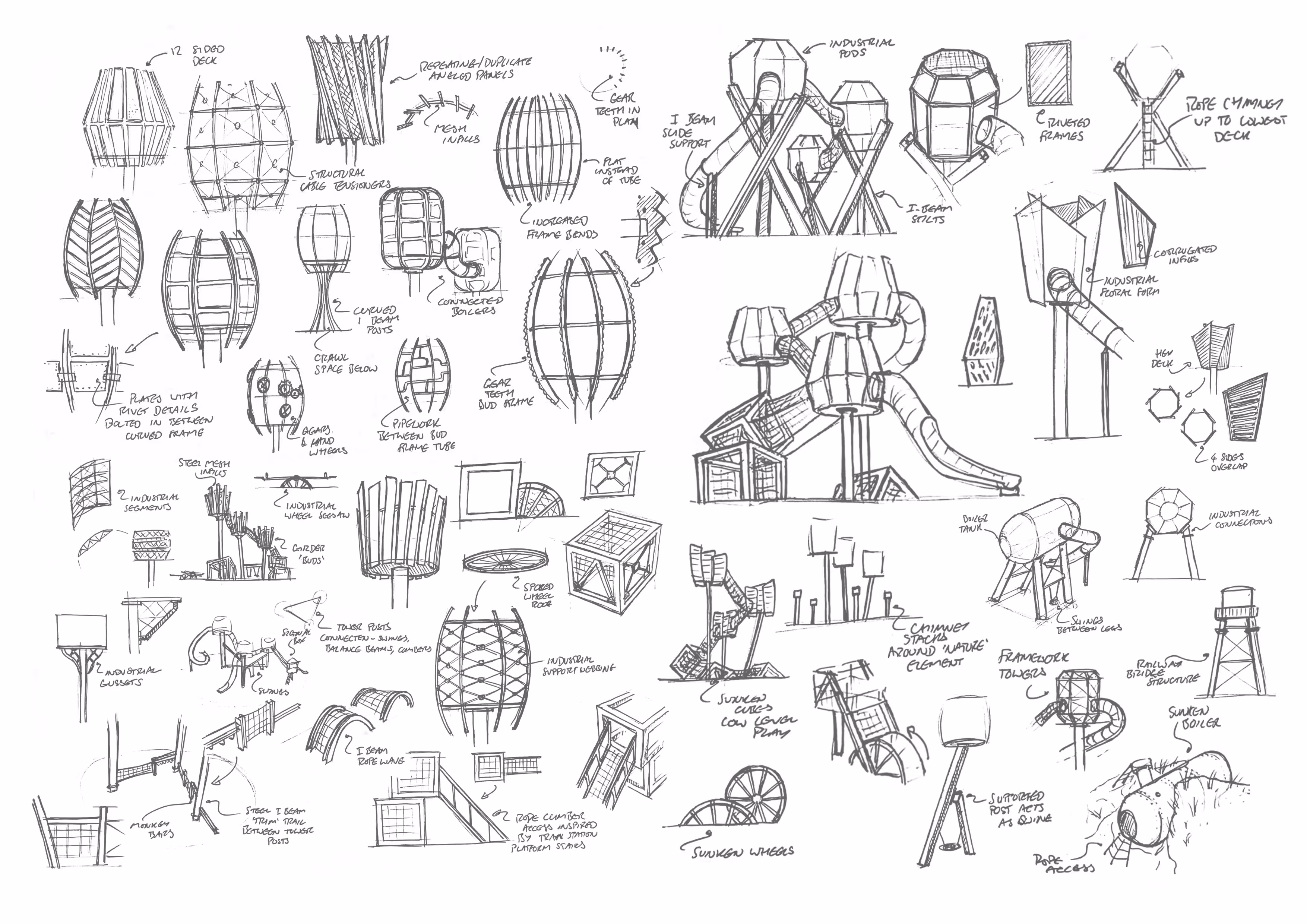 Hand-drawn initial design sketches for adventure playground development and structural planning
