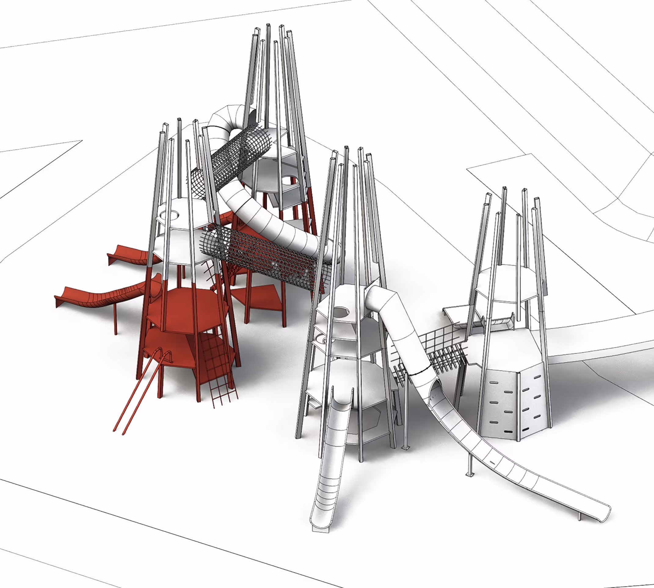 Play zone development layout showing interconnected playground towers and activity areas