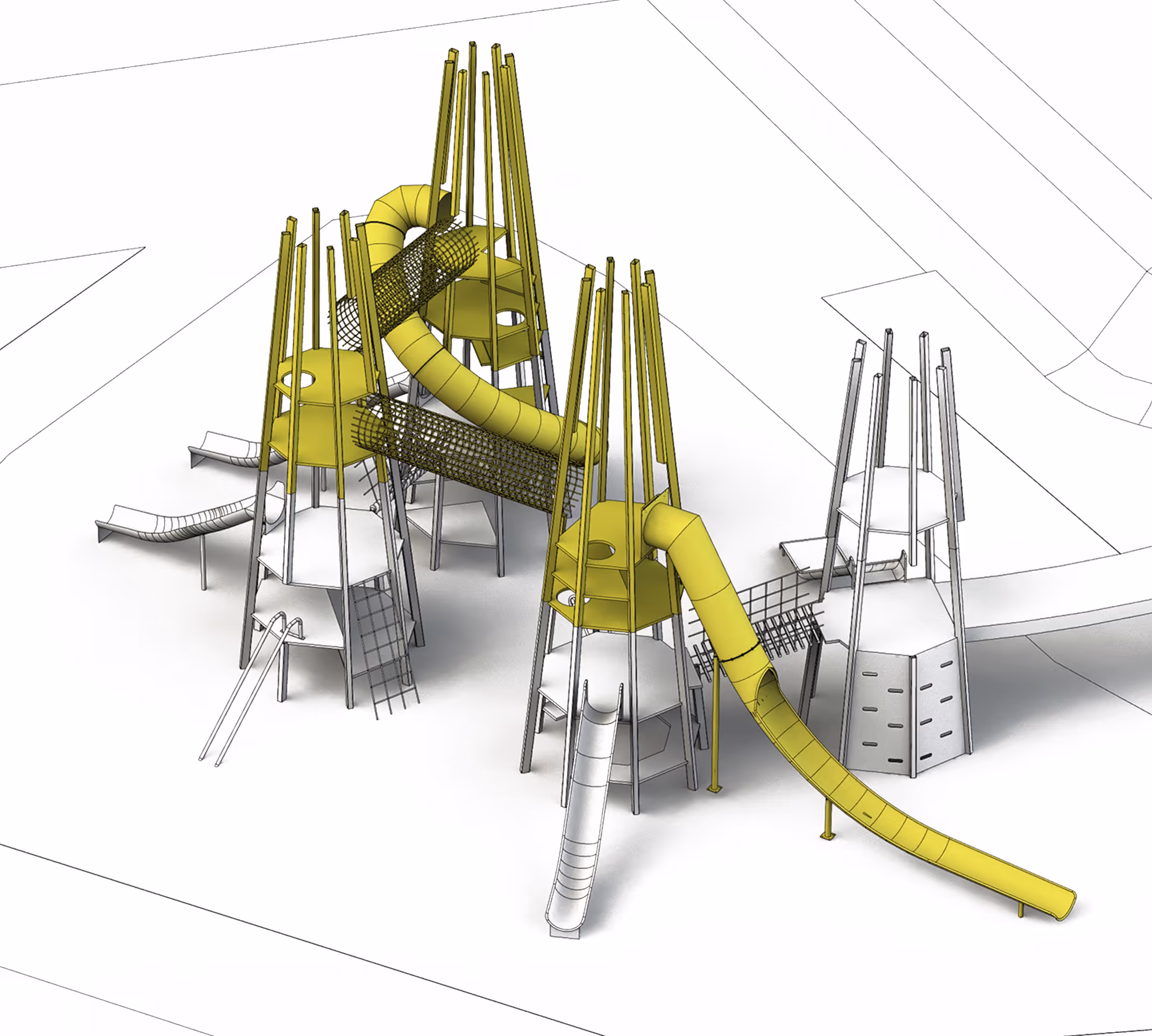 Structured play area development design showing circulation routes and engagement zones
