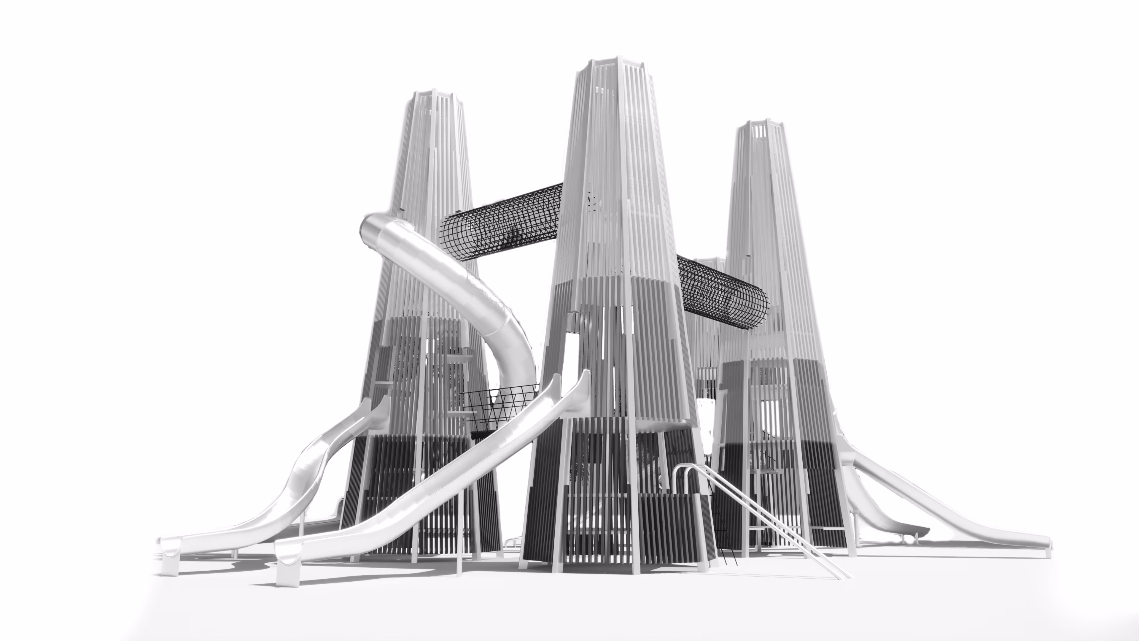 3D visualisation of bespoke playground design showing towers, bridges and slide connections