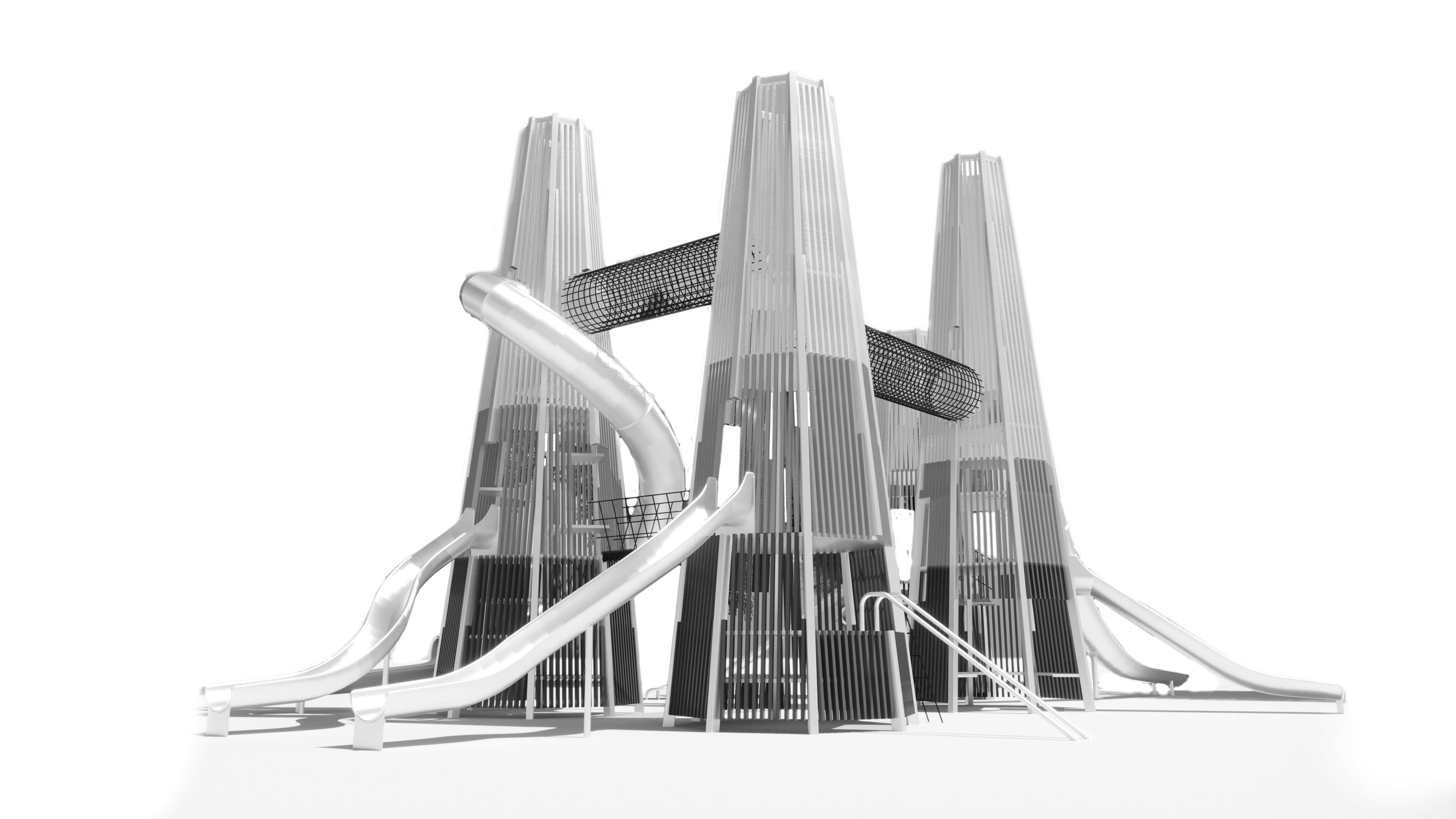 3D visualisation of bespoke playground design showing towers, bridges and slide connections