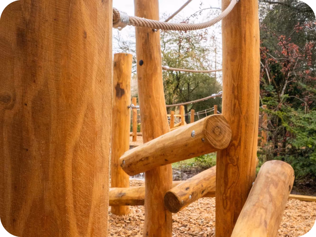Robinia timber playground equipment installed in woodland play area at Jodrell Bank