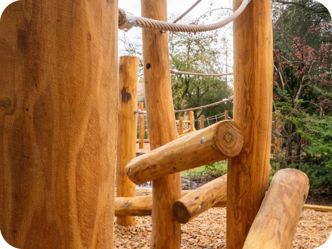 Robinia timber playground equipment installed in woodland play area at Jodrell Bank