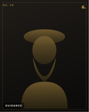 Abstract figure with circular head, crescent shapes, and flat oval hat in brown on black background.