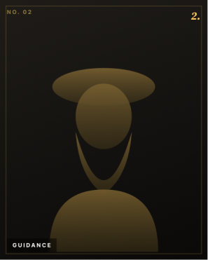 Abstract, minimalist brown figure with a round head, halo, and draped garment on black background.