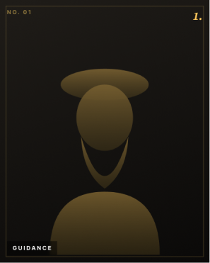 Minimalist abstract figure with an oval head, crescent shape, and round base in gold on black background.