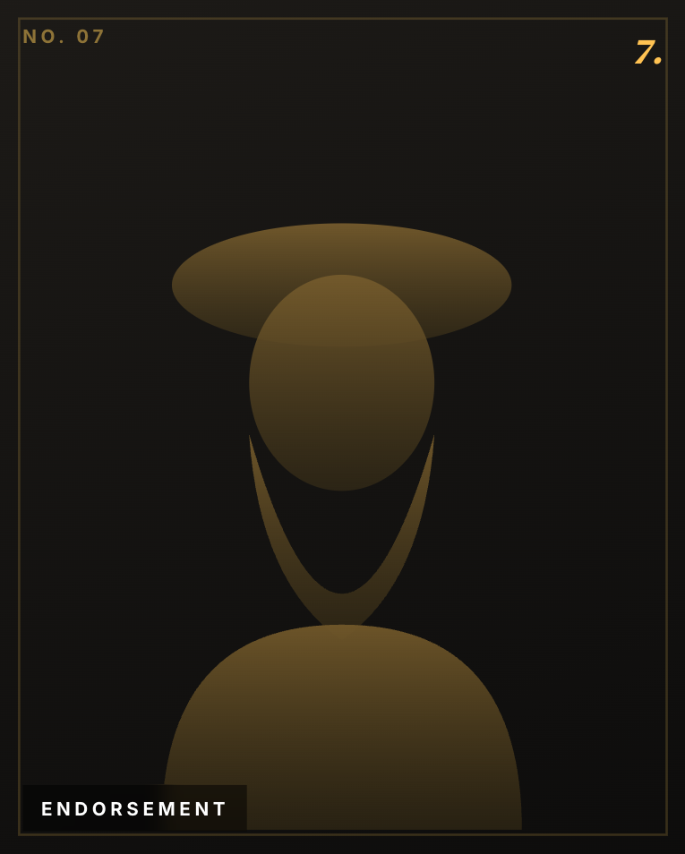 Minimalist gold abstract figure with circular shapes and text 'ENDORSEMENT' on black background.