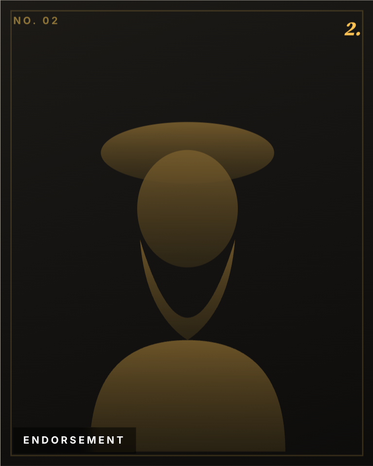 Abstract golden figure with a circular head, an oval hat shape, and a curved collar on black background.