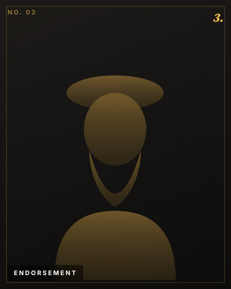 Abstract gold silhouette of a person with a hat and beard on a black background, labeled Endorsement.