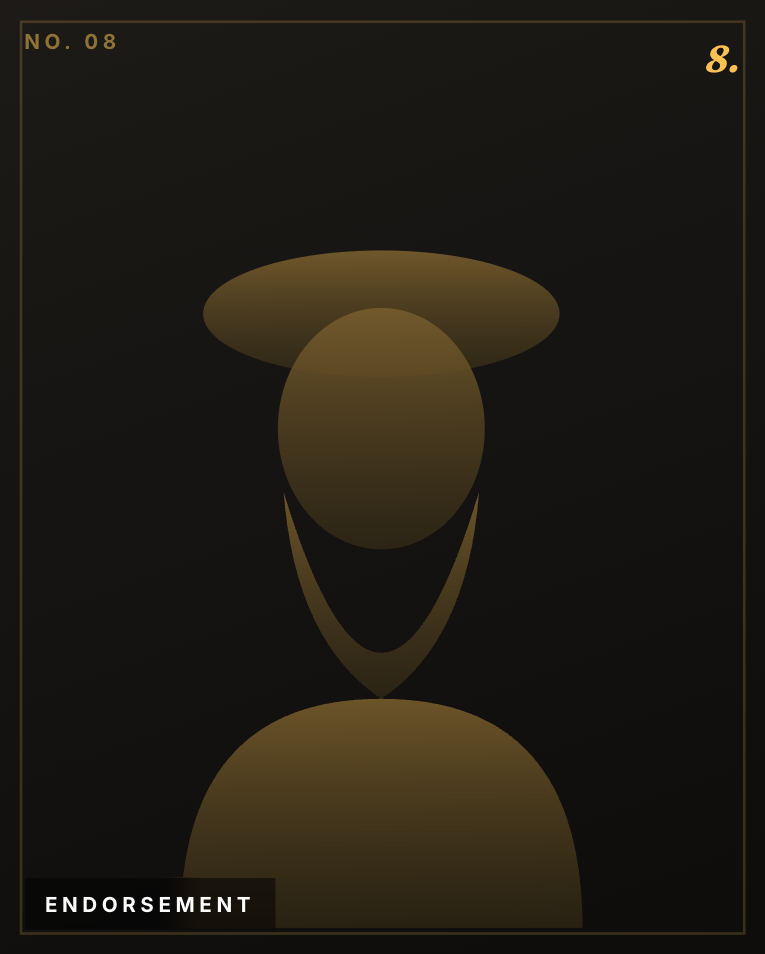 Minimalist abstract figure wearing a wide hat and necklace in gold on black background labeled endorsement.