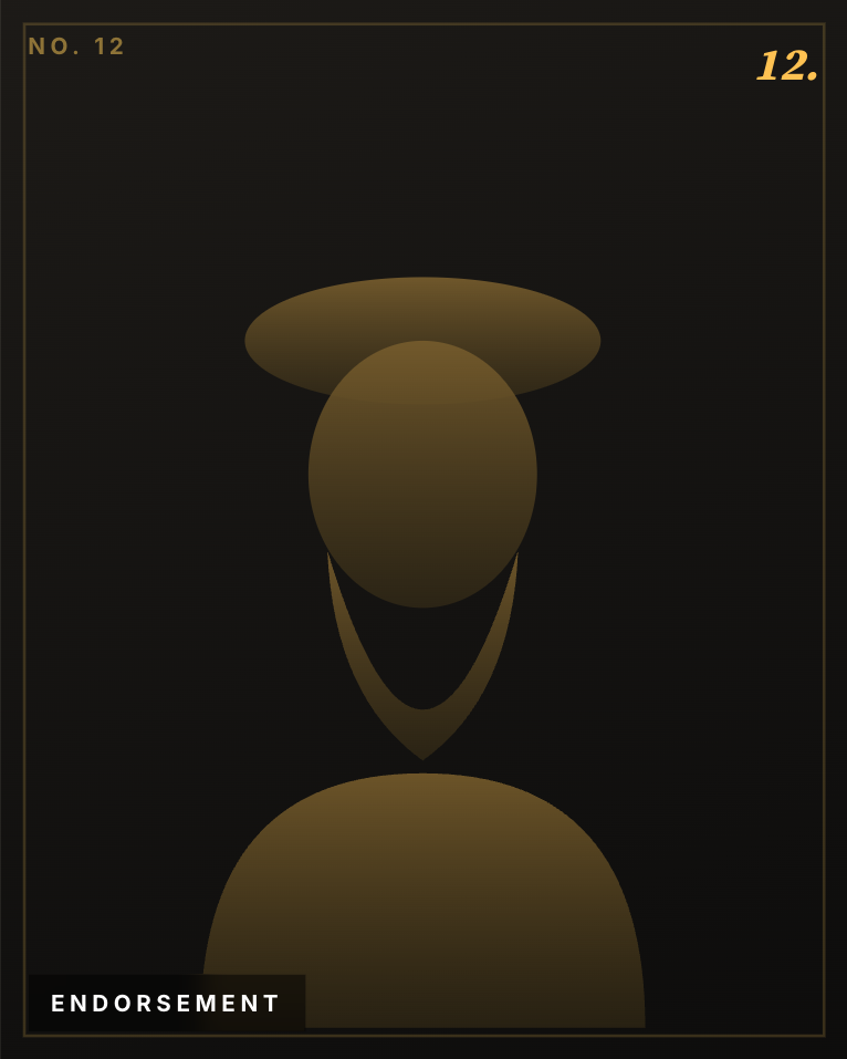 Minimalist gold silhouette of a person wearing a hat on a black background with endorsement label.