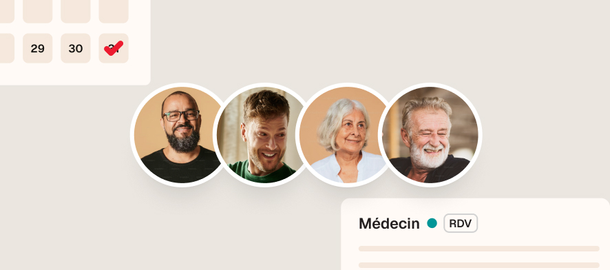 Portraits de quatre personnes souriantes représentant une équipe médicale avec une étiquette « Médecin » et un indicateur de rendez-vous.