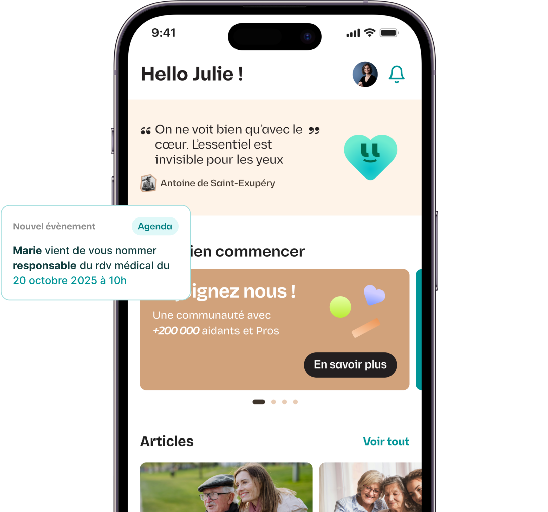 Écran d'accueil d'une application avec un message de bienvenue à Julie, une citation d'Antoine de Saint-Exupéry, une notification d'agenda pour un rendez-vous médical le 20 octobre 2025 à 10h, et un bouton pour en savoir plus sur une communauté de plus de 200 000 aidants et professionnels.