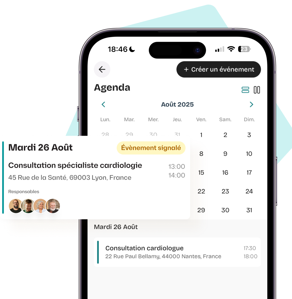 Capture d'écran d'un agenda sur smartphone affichant le mois d'août 2025 avec un événement signalé le mardi 26 août : consultation spécialiste cardiologie à Lyon, avec adresses et photos des responsables.