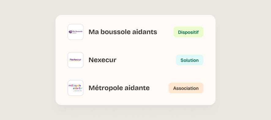 Liste de trois organisations avec leurs icônes: Ma boussole aidant (Association), Nexecur (Accessoires), Maison de répit (Dispositifs).
