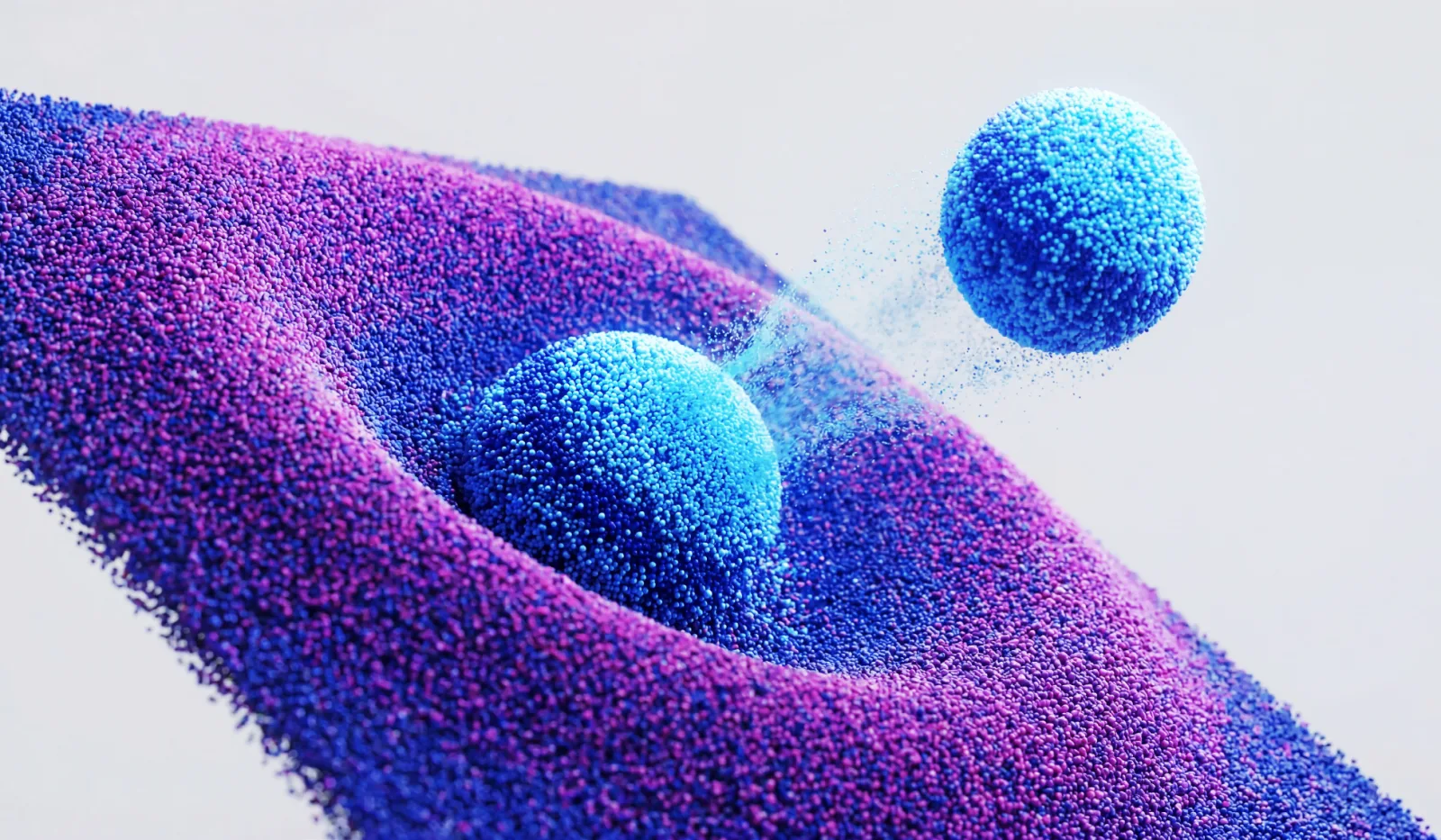 Titelbild zum Artikel über SOC, MDR und CDC: abstrakte 3D-Grafik mit zwei blauen Kugeln auf einer violett-blauen Partikelwelle